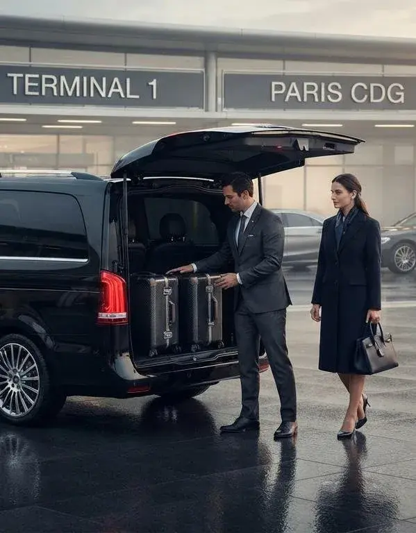 Chauffeur chargeant les valises d'une cliente dans le coffre d'un van noir devant le Terminal 1 de l'aéroport Paris-CDG